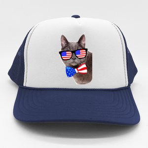 American Cat With USA Glasses And Bow Tie Trucker Hat