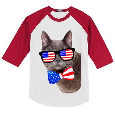 American Cat With USA Glasses And Bow Tie Kids Colorblock Raglan Jersey