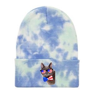 American Cat With USA Glasses And Bow Tie Tie Dye 12in Knit Beanie