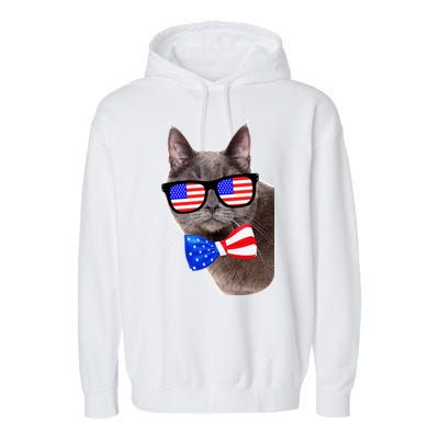 American Cat With USA Glasses And Bow Tie Garment-Dyed Fleece Hoodie