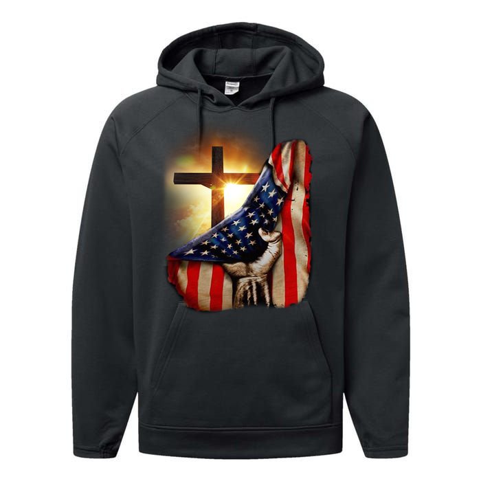 American Christian Cross Patriotic Flag Performance Fleece Hoodie