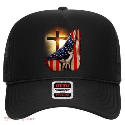 American Christian Cross Patriotic Flag High Crown Mesh Back Trucker Hat