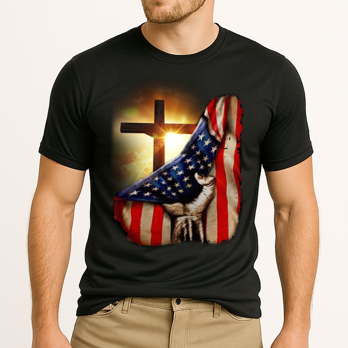 American Christian Cross Patriotic Flag Cooling Performance Crew T-Shirt