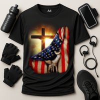 American Christian Cross Patriotic Flag Cooling Performance Crew T-Shirt
