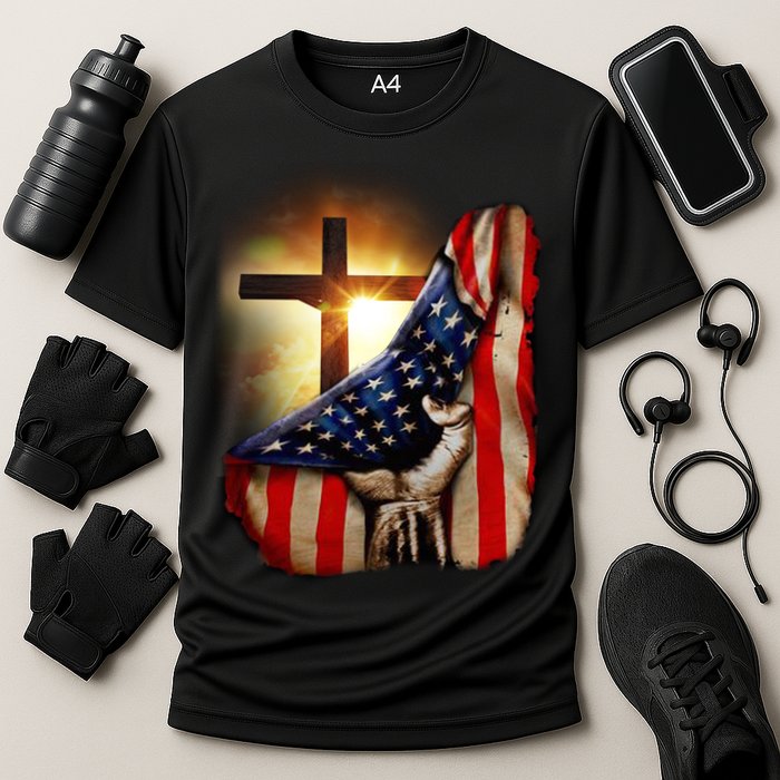 American Christian Cross Patriotic Flag Cooling Performance Crew T-Shirt