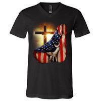 American Christian Cross Patriotic Flag V-Neck T-Shirt