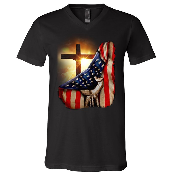 American Christian Cross Patriotic Flag V-Neck T-Shirt