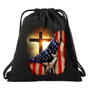 American Christian Cross Patriotic Flag Drawstring Bag