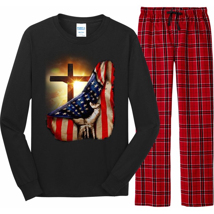 American Christian Cross Patriotic Flag Long Sleeve Pajama Set