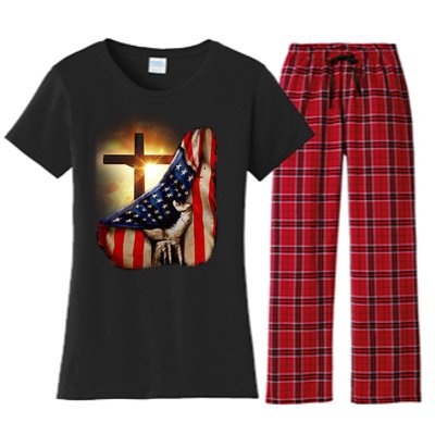 American Christian Cross Patriotic Flag Women's Flannel Pajama Set