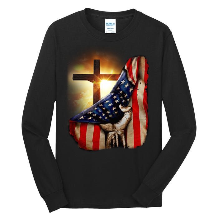 American Christian Cross Patriotic Flag Tall Long Sleeve T-Shirt