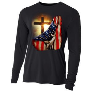 American Christian Cross Patriotic Flag Cooling Performance Long Sleeve Crew