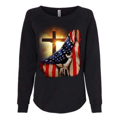 American Christian Cross Patriotic Flag Womens California Wash Sweatshirt