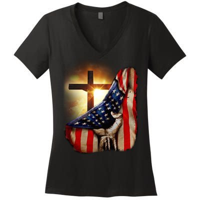 American Christian Cross Patriotic Flag Women's V-Neck T-Shirt