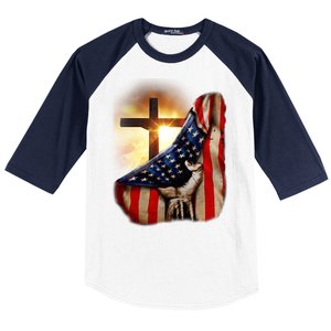 American Christian Cross Patriotic Flag Baseball Sleeve Shirt