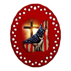 American Christian Cross Patriotic Flag Ceramic Oval Ornament