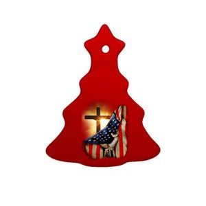 American Christian Cross Patriotic Flag Ceramic Tree Ornament