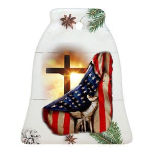 American Christian Cross Patriotic Flag Ceramic Bell Ornament