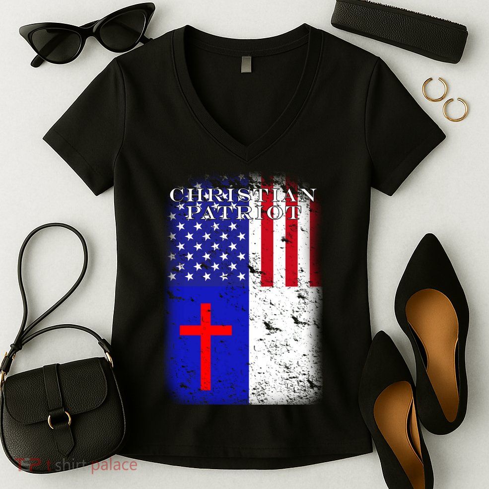 American Christian Patriot Red Cross Women's V-Neck T-Shirt