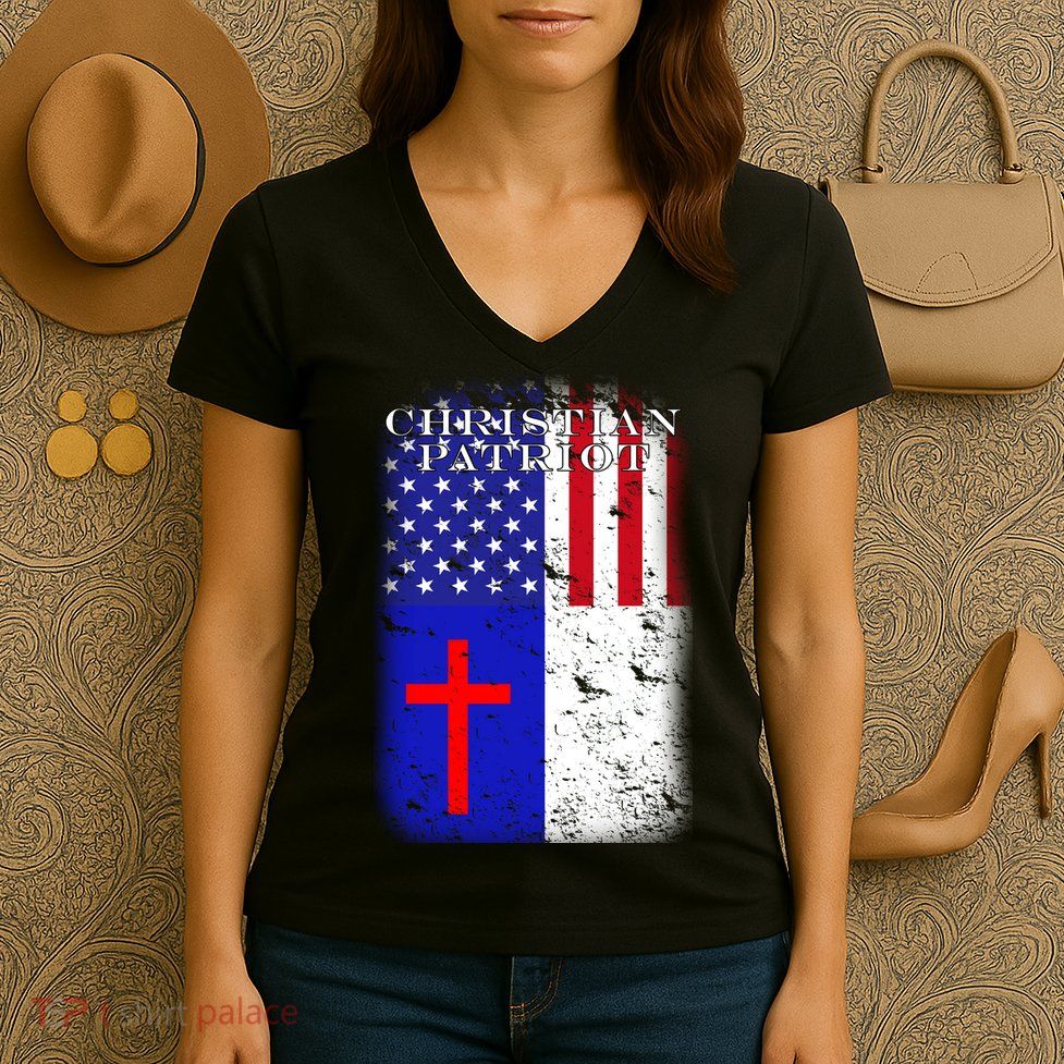 American Christian Patriot Red Cross Women's V-Neck T-Shirt