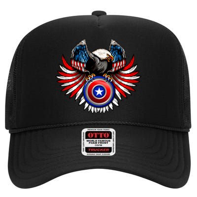 American Eagle Super Hero Shield USA Flag Wings High Crown Mesh Back Trucker Hat