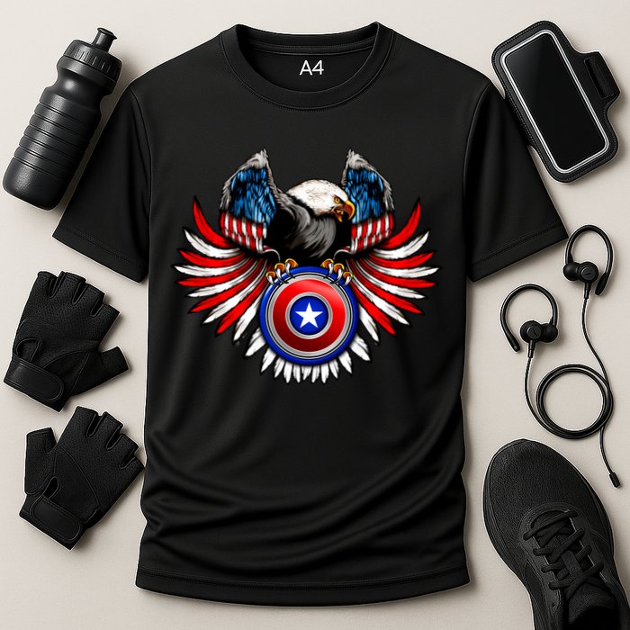 American Eagle Super Hero Shield USA Flag Wings Cooling Performance Crew T-Shirt