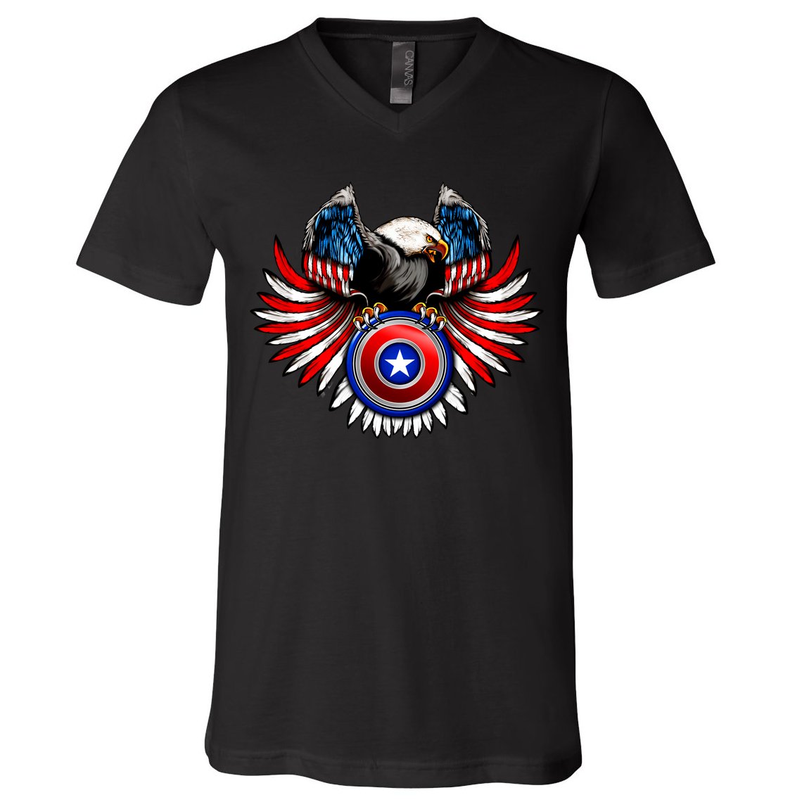 American Eagle Super Hero Shield USA Flag Wings V-Neck T-Shirt