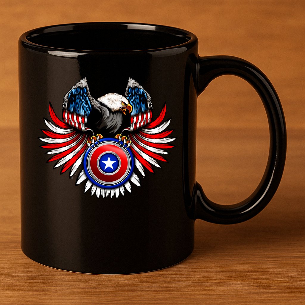 American Eagle Super Hero Shield USA Flag Wings 11oz C Handle Ceramic Mug