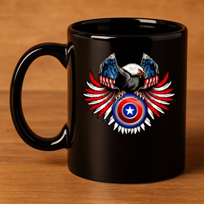 American Eagle Super Hero Shield USA Flag Wings 11oz C Handle Ceramic Mug