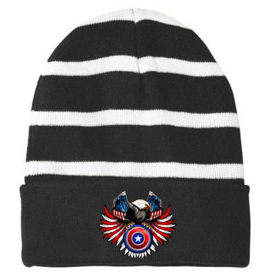 American Eagle Super Hero Shield USA Flag Wings Striped Beanie with Solid Band