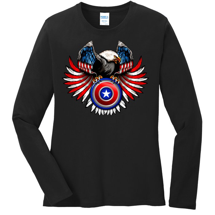 American Eagle Super Hero Shield USA Flag Wings Ladies Long Sleeve Shirt