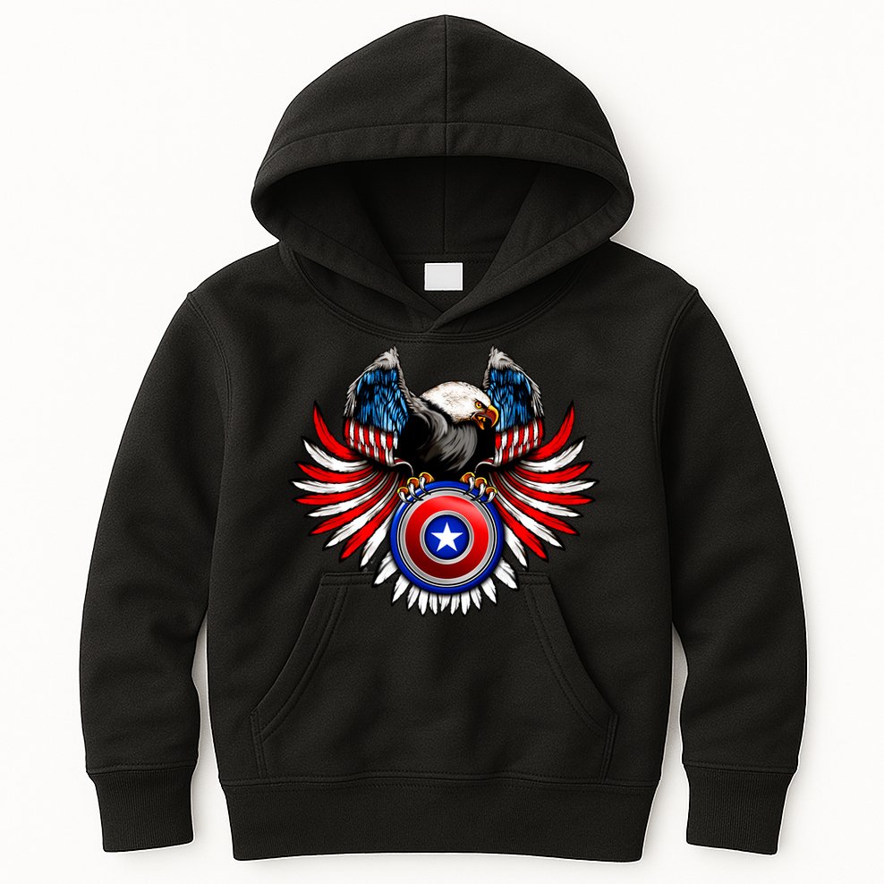 American Eagle Super Hero Shield USA Flag Wings Kids Hoodie