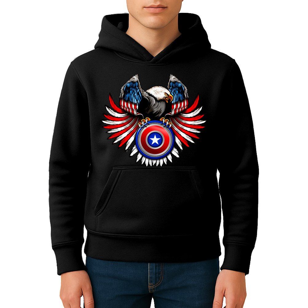 American Eagle Super Hero Shield USA Flag Wings Kids Hoodie