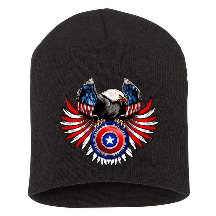 American Eagle Super Hero Shield USA Flag Wings Short Acrylic Beanie