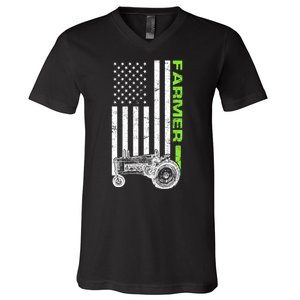 American Farmer USA Tractor Flag V-Neck T-Shirt