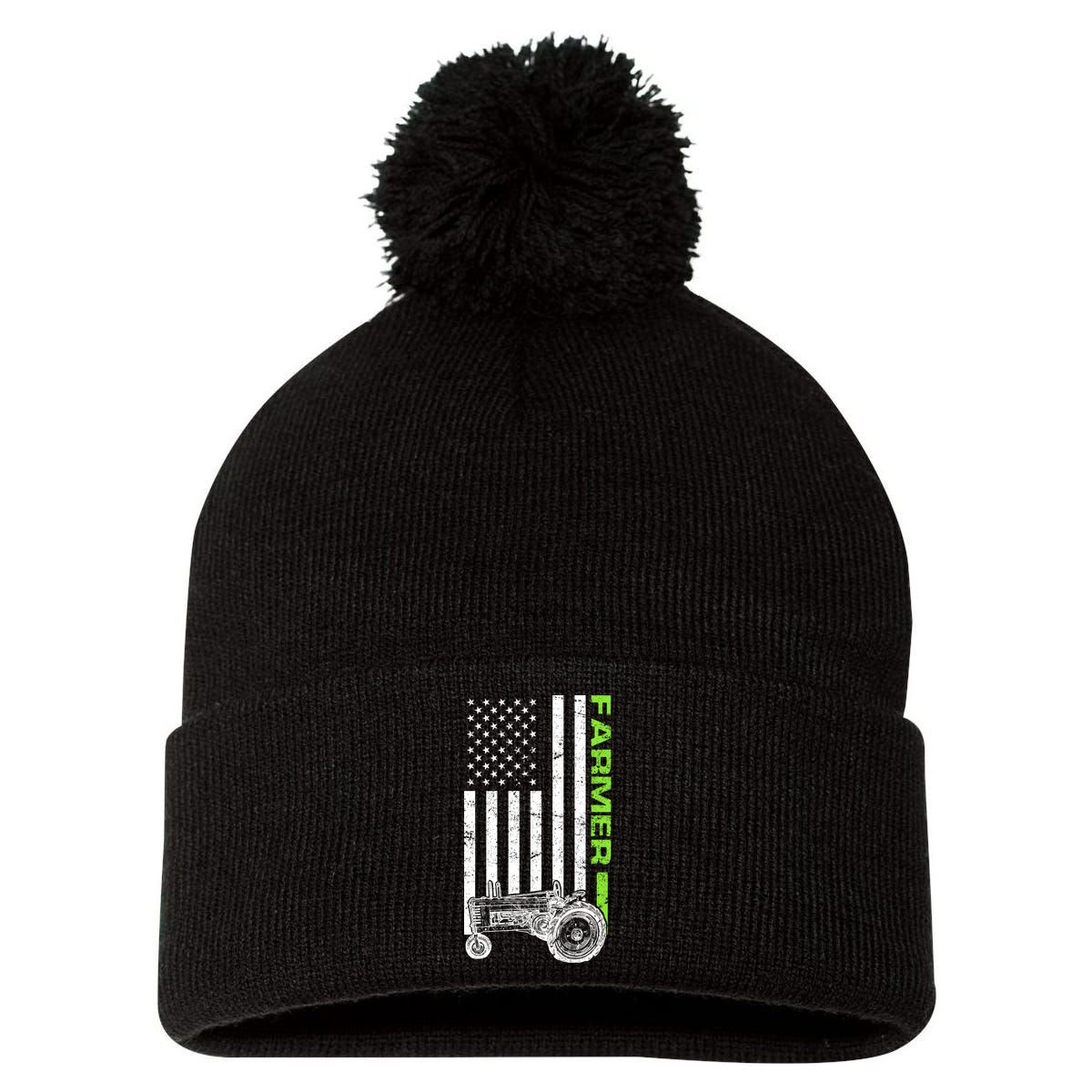 American Farmer USA Tractor Flag Pom Pom 12in Knit Beanie
