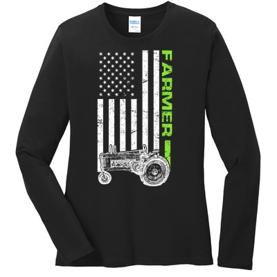 American Farmer USA Tractor Flag Ladies Long Sleeve Shirt