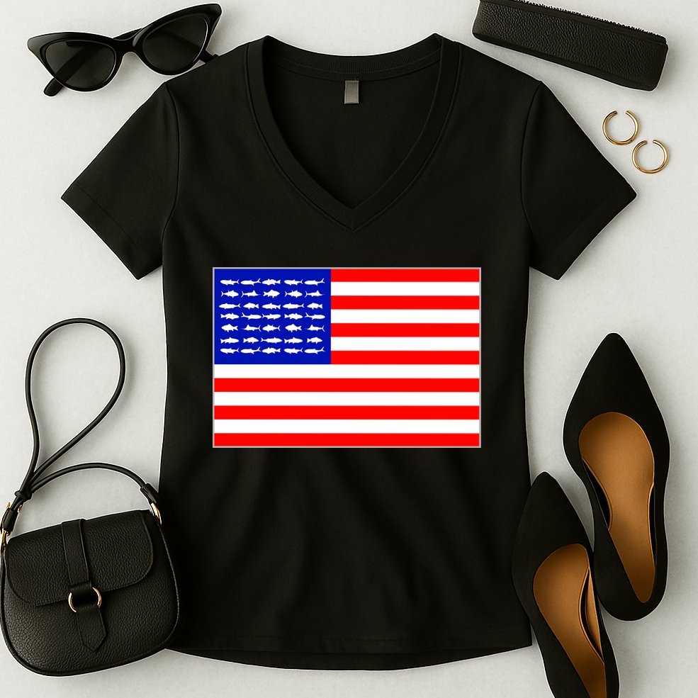American Fishing Flag Women's V-Neck T-Shirt
