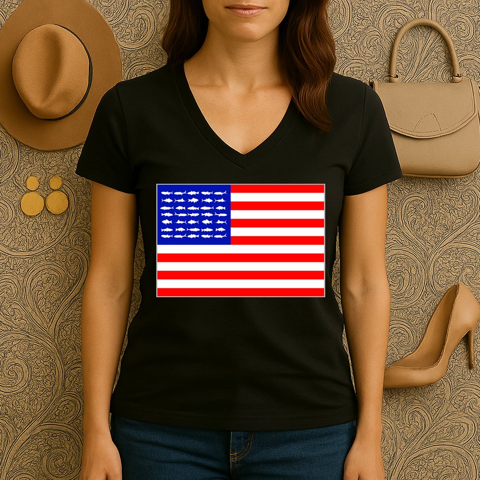 American Fishing Flag Women's V-Neck T-Shirt