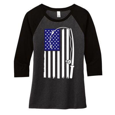 American Fishing Rod & Hook Flag Women's Tri-Blend 3/4-Sleeve Raglan Shirt
