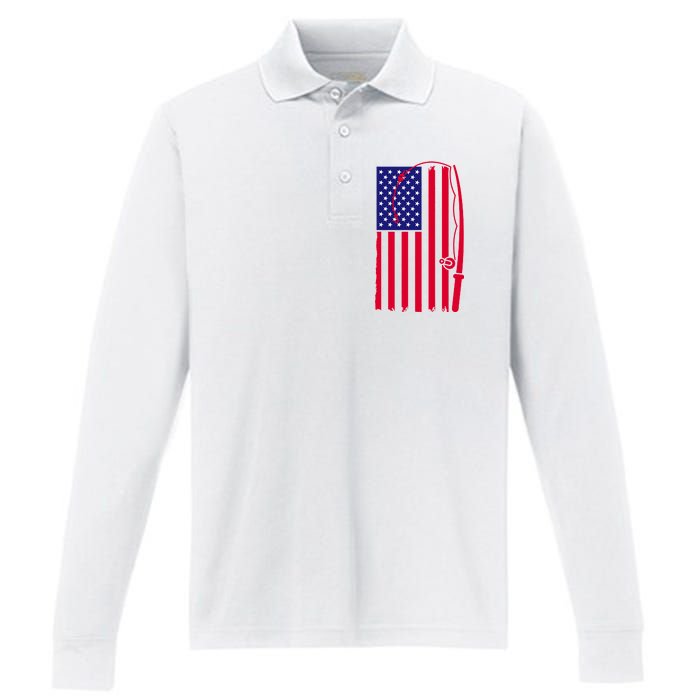 American Fishing Rod & Hook Flag Performance Long Sleeve Polo