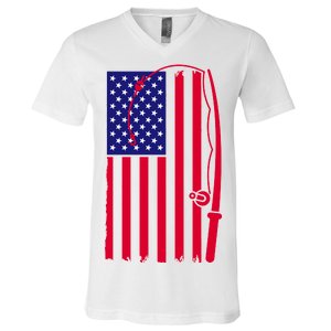 American Fishing Rod & Hook Flag V-Neck T-Shirt