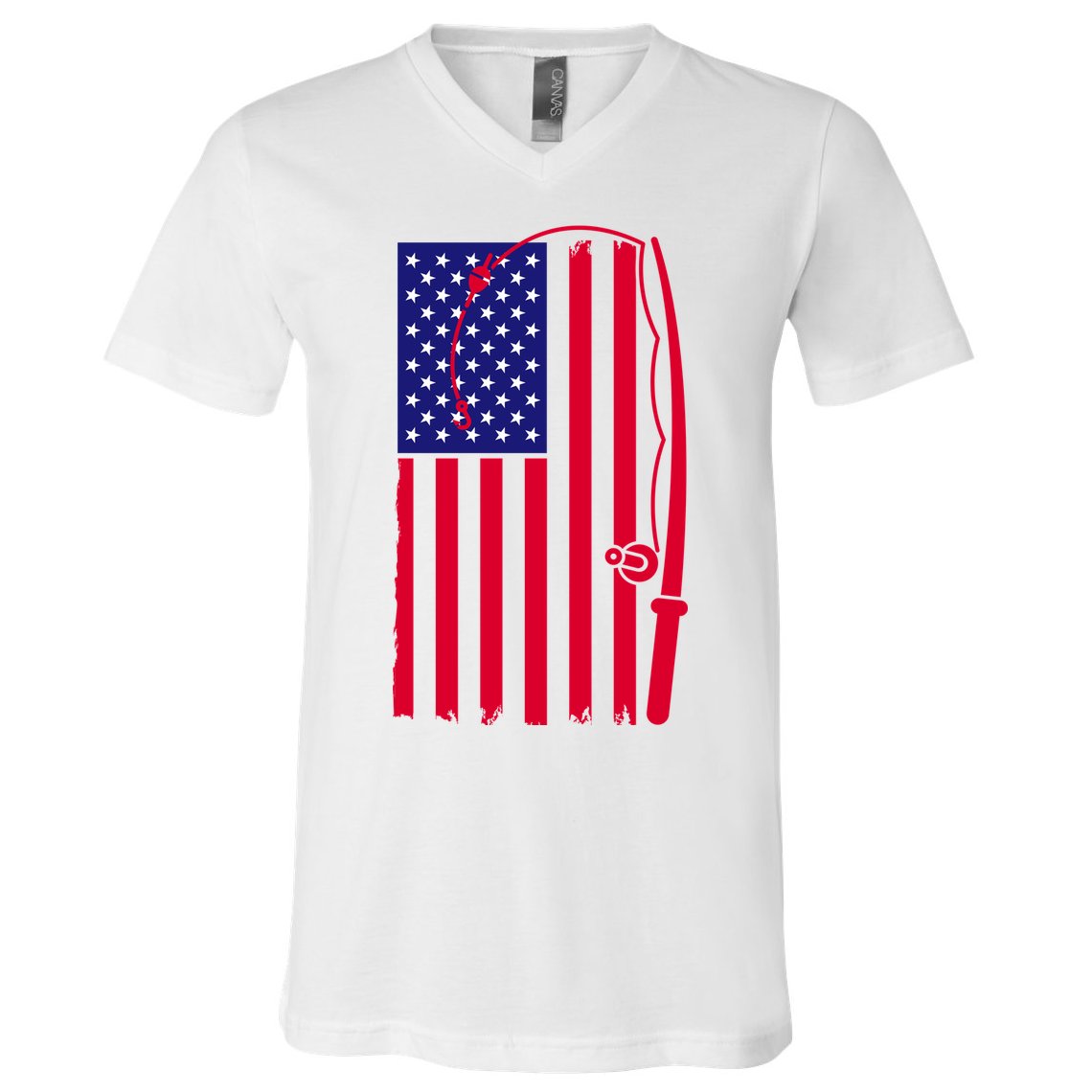 American Fishing Rod & Hook Flag V-Neck T-Shirt