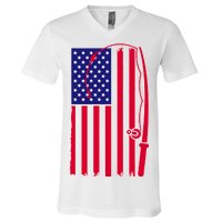 American Fishing Rod & Hook Flag V-Neck T-Shirt