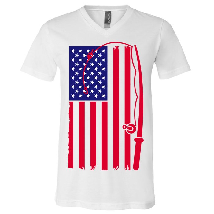 American Fishing Rod & Hook Flag V-Neck T-Shirt