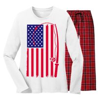 American Fishing Rod & Hook Flag Women's Long Sleeve Flannel Pajama Set 