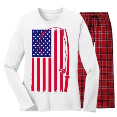 American Fishing Rod & Hook Flag Women's Long Sleeve Flannel Pajama Set 