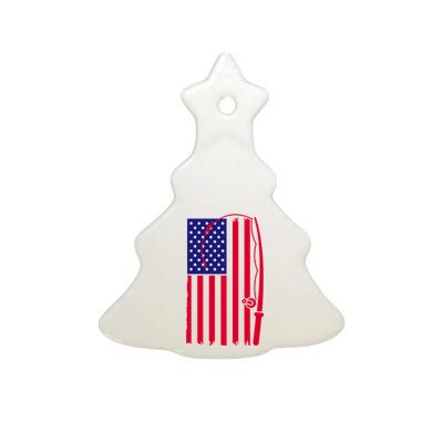 American Fishing Rod & Hook Flag Ceramic Tree Ornament