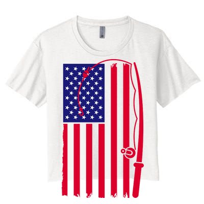 American Fishing Rod & Hook Flag Women's Crop Top Tee