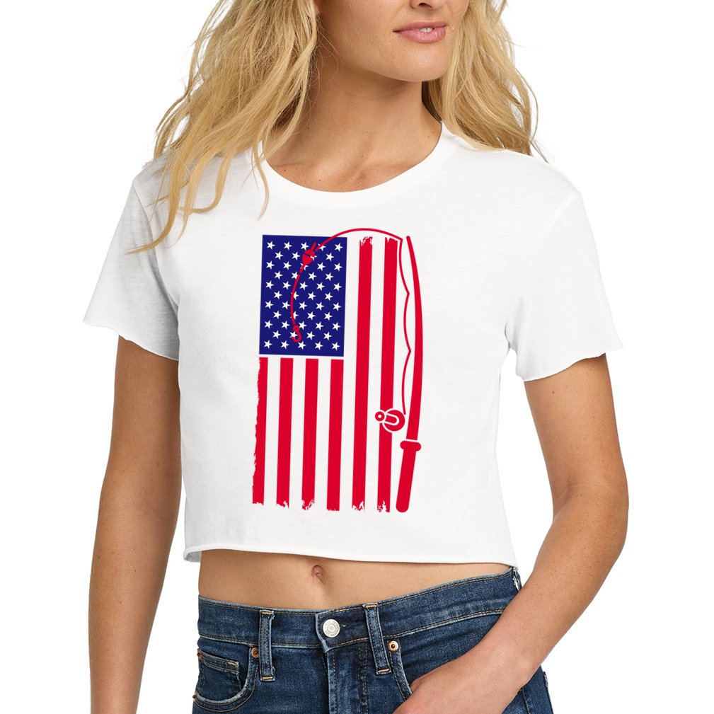 American Fishing Rod & Hook Flag Women's Crop Top Tee